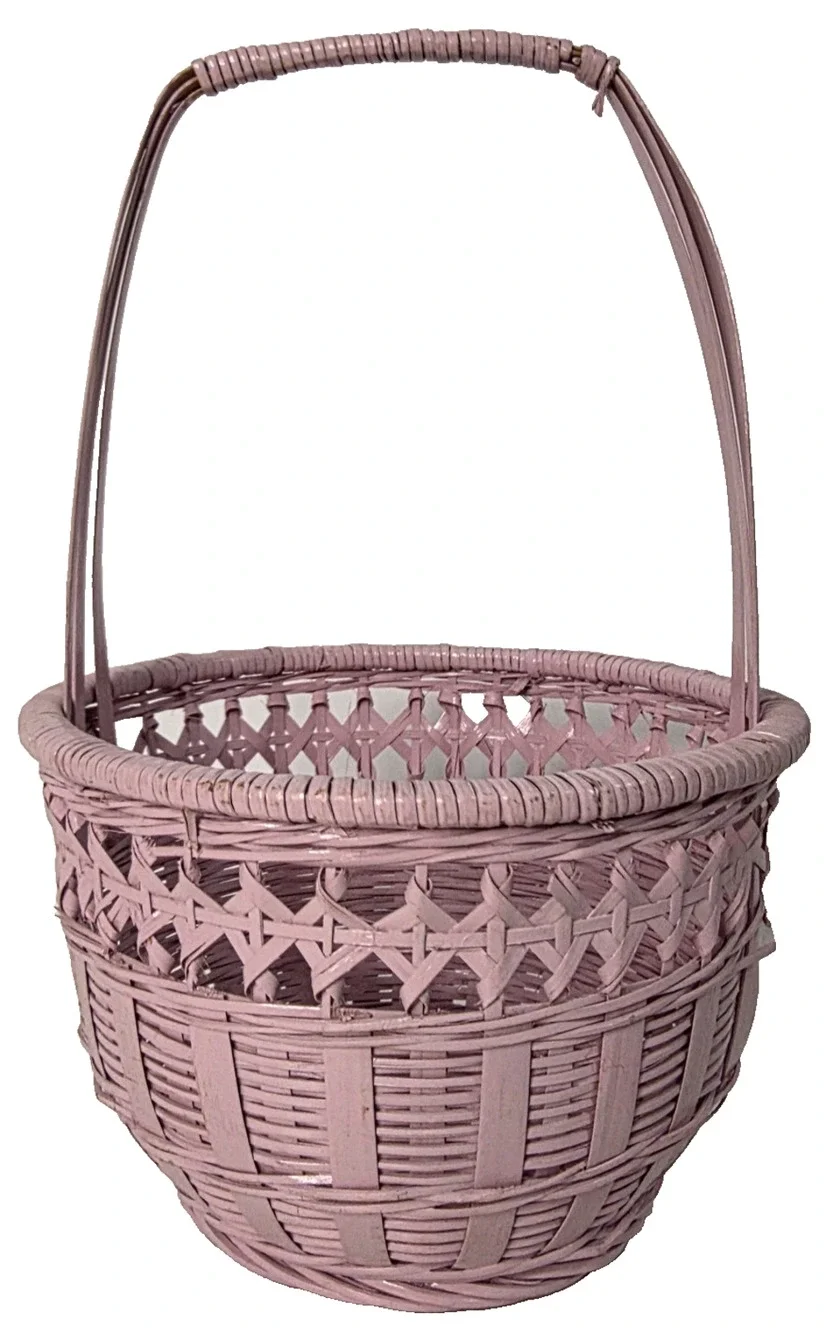 Pink Wicker Flower Girl Basket Easter Wedding Decor 6in Round